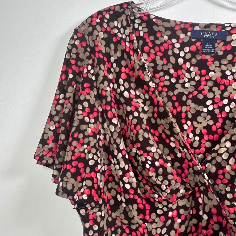 Chaps Womens XL Brown Pink Abstract Dot Faux Wrap V-Neck Short Sleeve Dress - Picture 4 of 7
